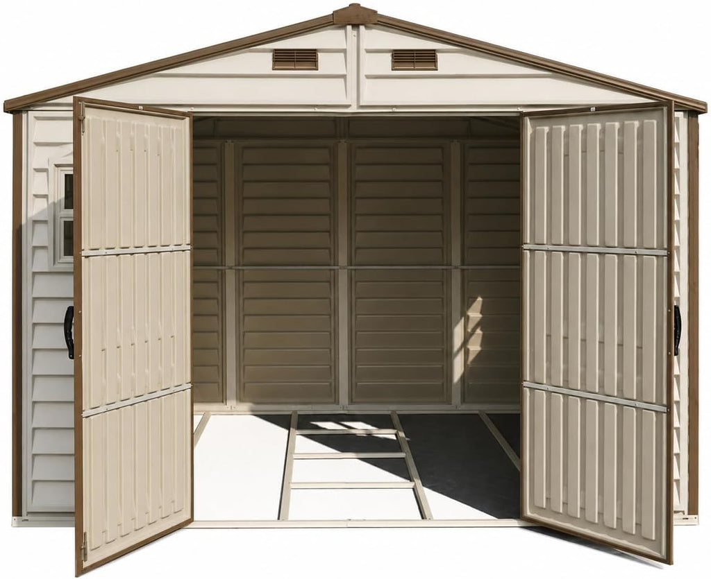 Duramax WoodSide 10 x 8 ft (8,02 m²) – plastikowy domek ogrodowy z 3 stałymi oknami i metalowym zestawem fundamentowym, mocna metalowa konstrukcja dachu, trudnopalny i łatwy w utrzymaniu – kość słoniowa/brązowy