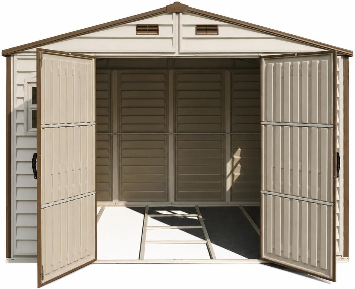 Duramax WoodSide 10 x 8 ft (8,02 m²) – plastikowy domek ogrodowy z 3 stałymi oknami i metalowym zestawem fundamentowym, mocna metalowa konstrukcja dachu, trudnopalny i łatwy w utrzymaniu – kość słoniowa/brązowy