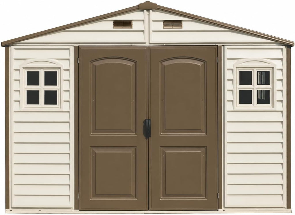Duramax WoodSide 10 x 8 ft (8,02 m²) – plastikowy domek ogrodowy z 3 stałymi oknami i metalowym zestawem fundamentowym, mocna metalowa konstrukcja dachu, trudnopalny i łatwy w utrzymaniu – kość słoniowa/brązowy