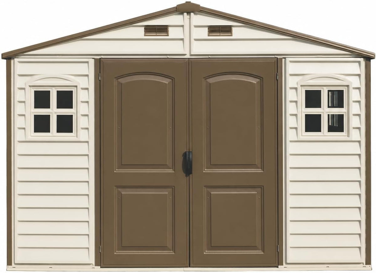 Duramax WoodSide 10 x 8 ft (8,02 m²) – plastikowy domek ogrodowy z 3 stałymi oknami i metalowym zestawem fundamentowym, mocna metalowa konstrukcja dachu, trudnopalny i łatwy w utrzymaniu – kość słoniowa/brązowy