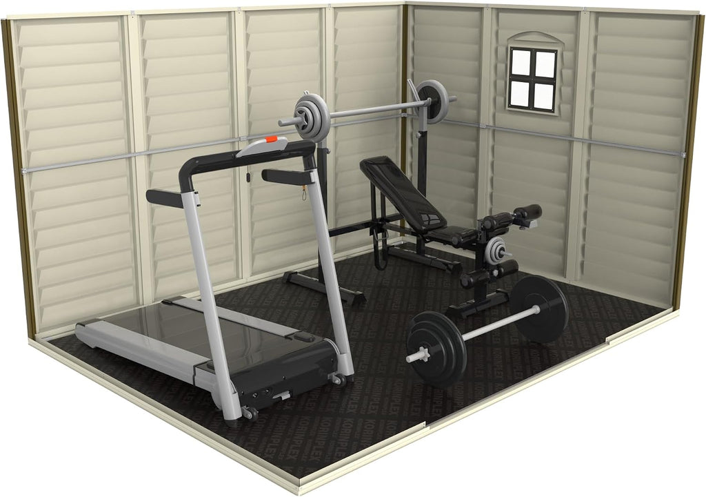 Duramax WoodSide 10 x 8 ft (8,02 m²) – plastikowy domek ogrodowy z 3 stałymi oknami i metalowym zestawem fundamentowym, mocna metalowa konstrukcja dachu, trudnopalny i łatwy w utrzymaniu – kość słoniowa/brązowy