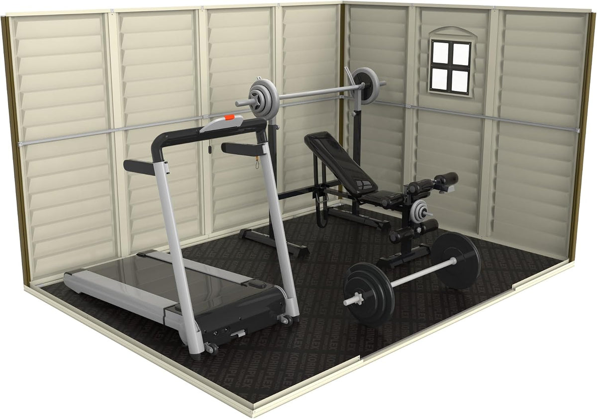 Duramax WoodSide 10 x 8 ft (8,02 m²) – plastikowy domek ogrodowy z 3 stałymi oknami i metalowym zestawem fundamentowym, mocna metalowa konstrukcja dachu, trudnopalny i łatwy w utrzymaniu – kość słoniowa/brązowy
