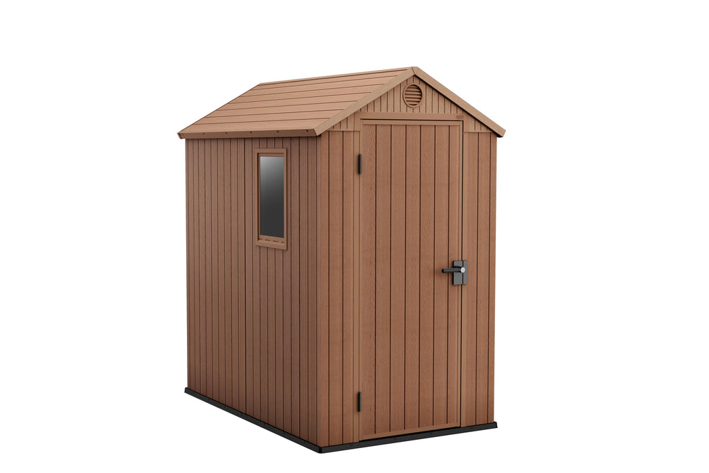 Keter Darwin 6 x 8 ft – ogrodowy domek magazynowy z dachem dwuspadowym i podwójnymi drzwiami, szary Evotech+ o wyglądzie drewna | odporny na blaknięcie | odporny na warunki atmosferyczne | bezpieczny | łatwy w utrzymaniu | 15 lat gwarancji