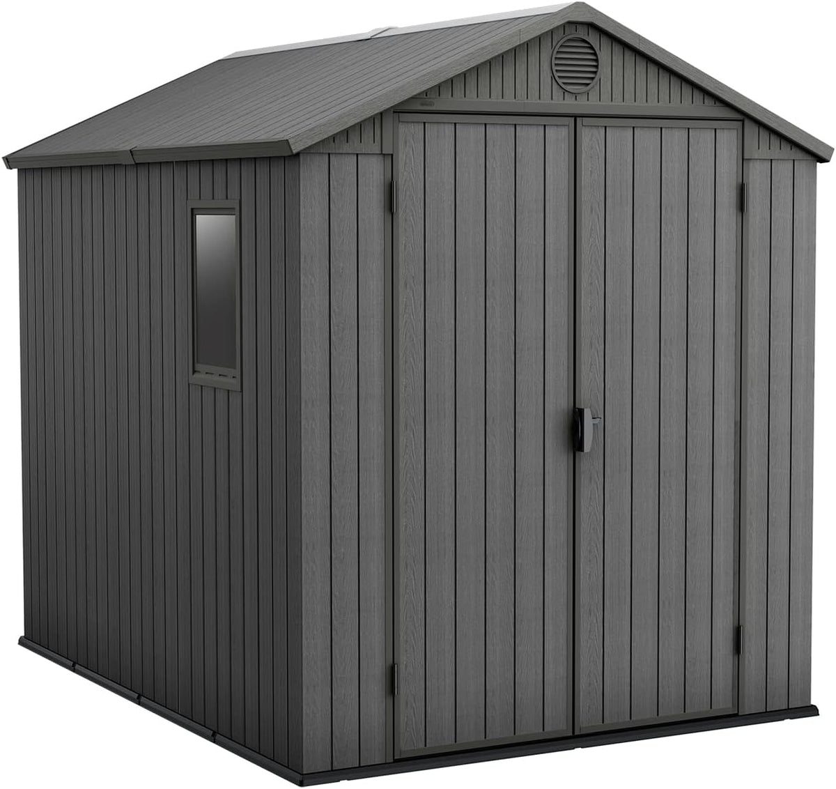 Keter Darwin 6 x 8 ft – ogrodowy domek magazynowy z dachem dwuspadowym i podwójnymi drzwiami, szary Evotech+ o wyglądzie drewna | odporny na blaknięcie | odporny na warunki atmosferyczne | bezpieczny | łatwy w utrzymaniu | 15 lat gwarancji