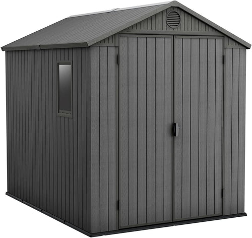 Keter Darwin 6 x 8 ft – ogrodowy domek magazynowy z dachem dwuspadowym i podwójnymi drzwiami, szary Evotech+ o wyglądzie drewna | odporny na blaknięcie | odporny na warunki atmosferyczne | bezpieczny | łatwy w utrzymaniu | 15 lat gwarancji