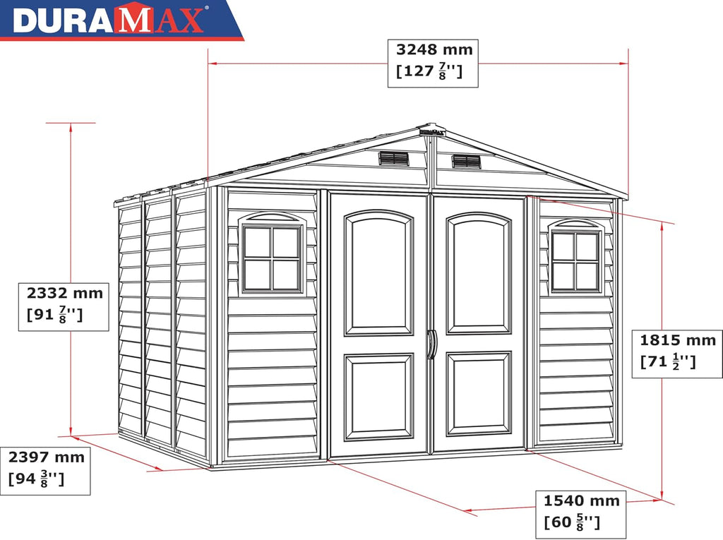 Duramax WoodSide 10 x 8 ft (8,02 m²) – plastikowy domek ogrodowy z 3 stałymi oknami i metalowym zestawem fundamentowym, mocna metalowa konstrukcja dachu, trudnopalny i łatwy w utrzymaniu – kość słoniowa/brązowy