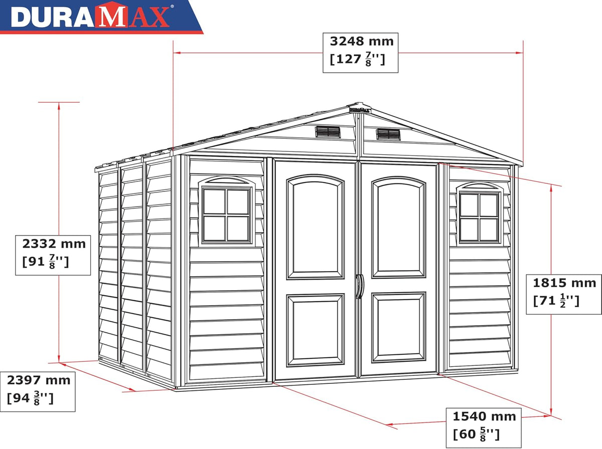 Duramax WoodSide 10 x 8 ft (8,02 m²) – plastikowy domek ogrodowy z 3 stałymi oknami i metalowym zestawem fundamentowym, mocna metalowa konstrukcja dachu, trudnopalny i łatwy w utrzymaniu – kość słoniowa/brązowy