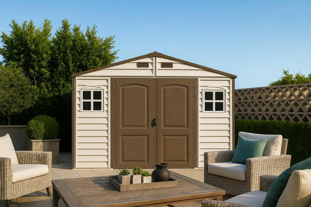 Duramax WoodSide 10 x 8 ft (8,02 m²) – plastikowy domek ogrodowy z 3 stałymi oknami i metalowym zestawem fundamentowym, mocna metalowa konstrukcja dachu, trudnopalny i łatwy w utrzymaniu – kość słoniowa/brązowy