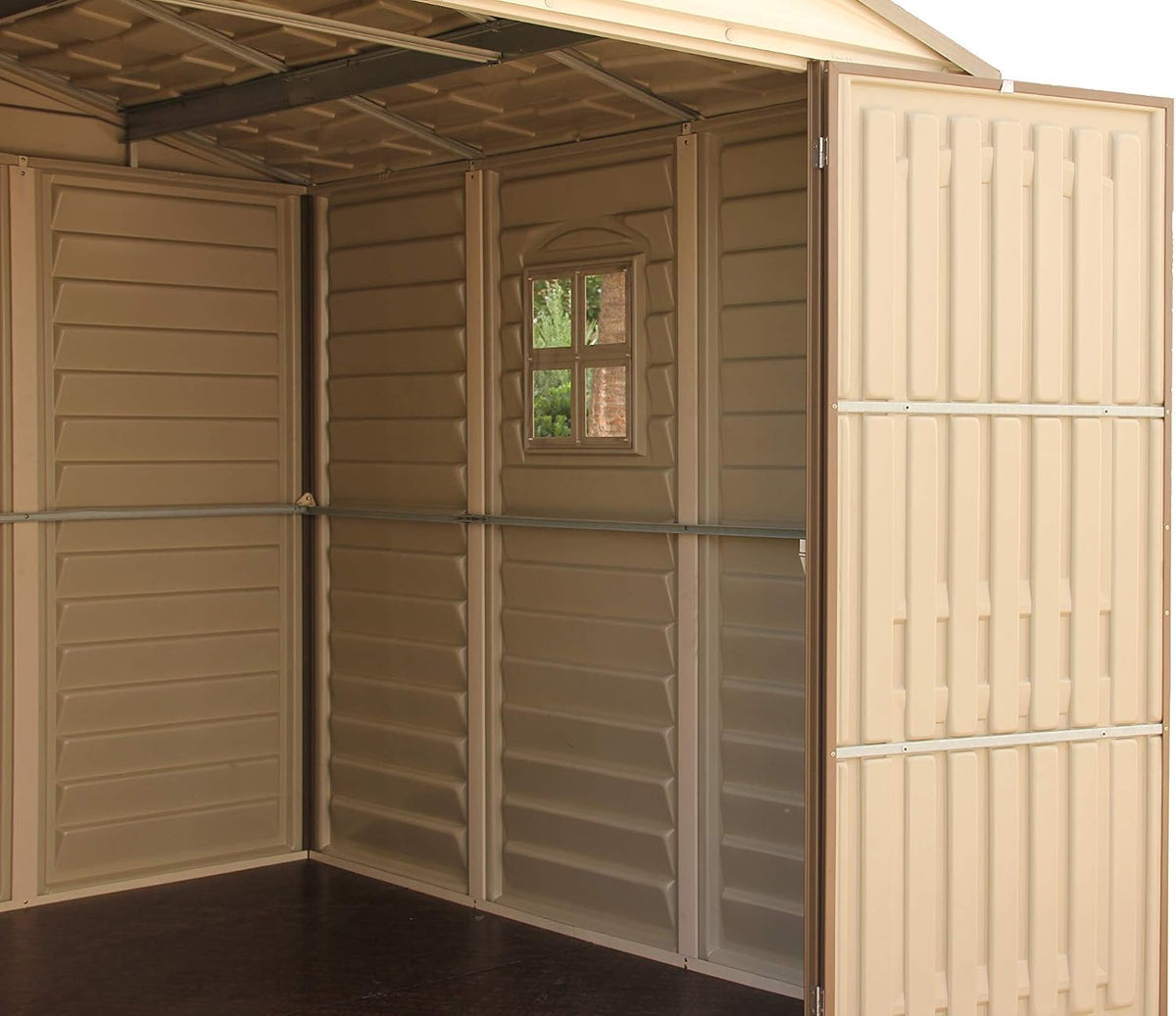 Duramax WoodSide 10 x 8 ft (8,02 m²) – plastikowy domek ogrodowy z 3 stałymi oknami i metalowym zestawem fundamentowym, mocna metalowa konstrukcja dachu, trudnopalny i łatwy w utrzymaniu – kość słoniowa/brązowy