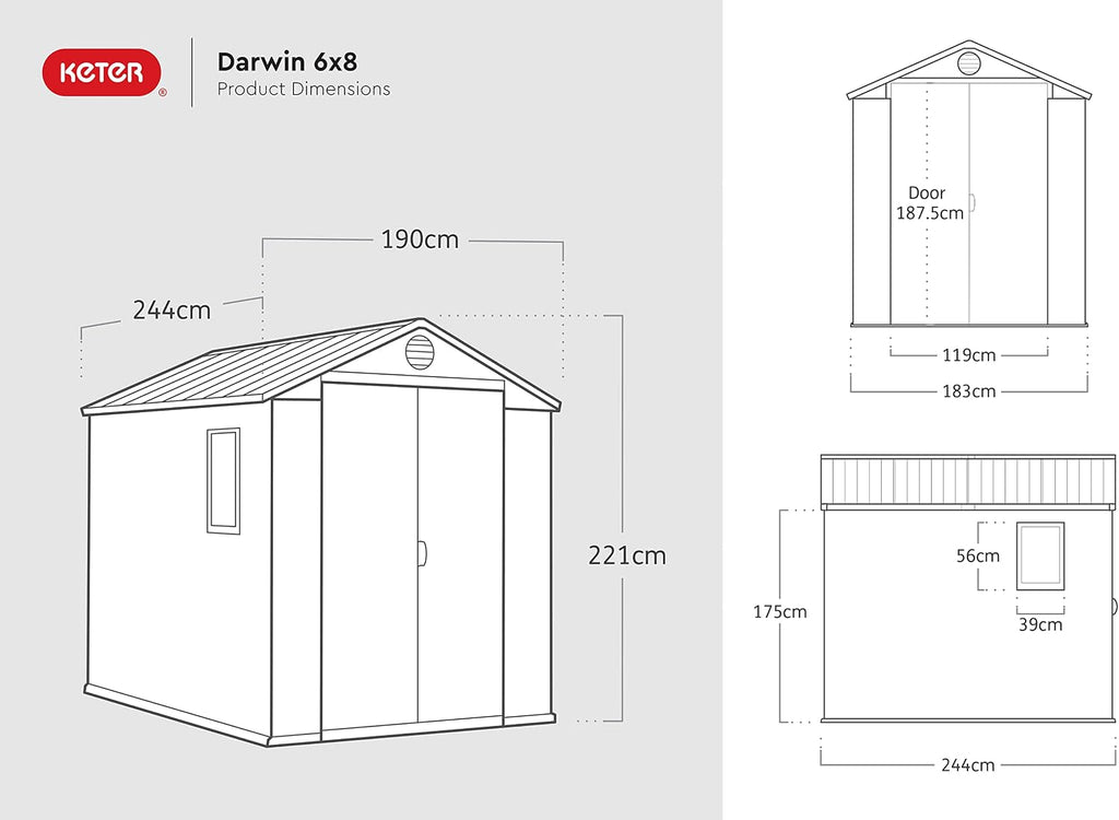 Keter Darwin 6 x 8 ft – ogrodowy domek magazynowy z dachem dwuspadowym i podwójnymi drzwiami, szary Evotech+ o wyglądzie drewna | odporny na blaknięcie | odporny na warunki atmosferyczne | bezpieczny | łatwy w utrzymaniu | 15 lat gwarancji