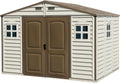 Duramax WoodSide 10 x 8 ft (8,02 m²) – plastikowy domek ogrodowy z 3 stałymi oknami i metalowym zestawem fundamentowym, mocna metalowa konstrukcja dachu, trudnopalny i łatwy w utrzymaniu – kość słoniowa/brązowy