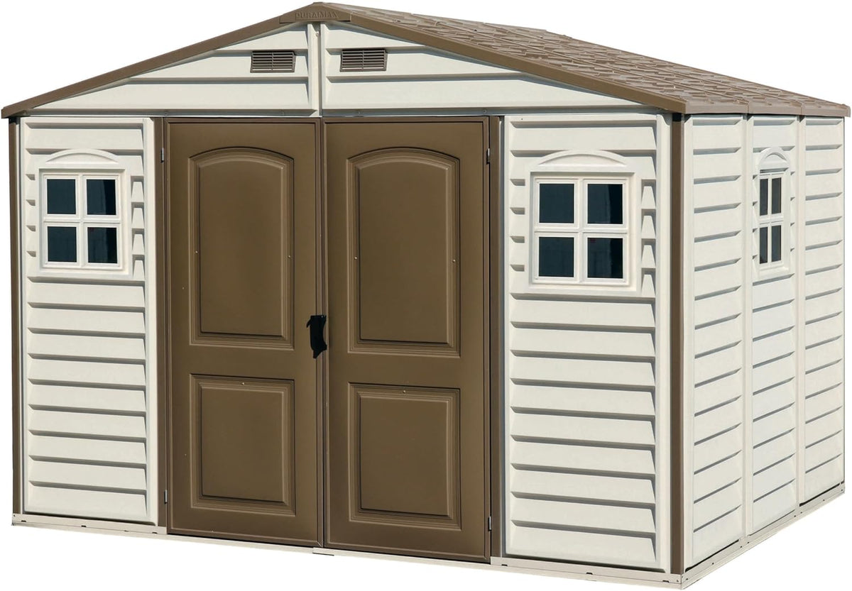 Duramax WoodSide 10 x 8 ft (8,02 m²) – plastikowy domek ogrodowy z 3 stałymi oknami i metalowym zestawem fundamentowym, mocna metalowa konstrukcja dachu, trudnopalny i łatwy w utrzymaniu – kość słoniowa/brązowy
