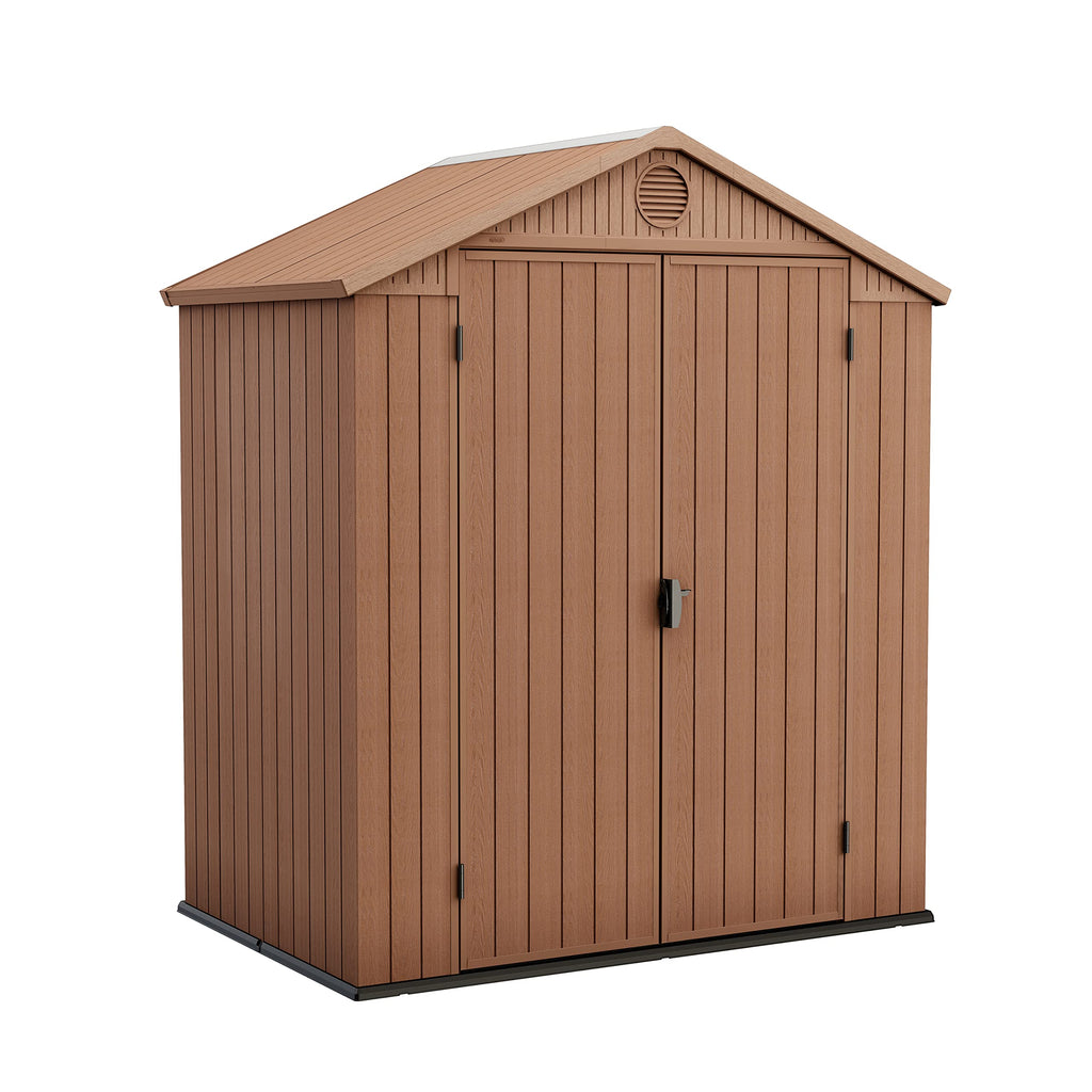 Keter Darwin 6 x 8 ft – ogrodowy domek magazynowy z dachem dwuspadowym i podwójnymi drzwiami, szary Evotech+ o wyglądzie drewna | odporny na blaknięcie | odporny na warunki atmosferyczne | bezpieczny | łatwy w utrzymaniu | 15 lat gwarancji