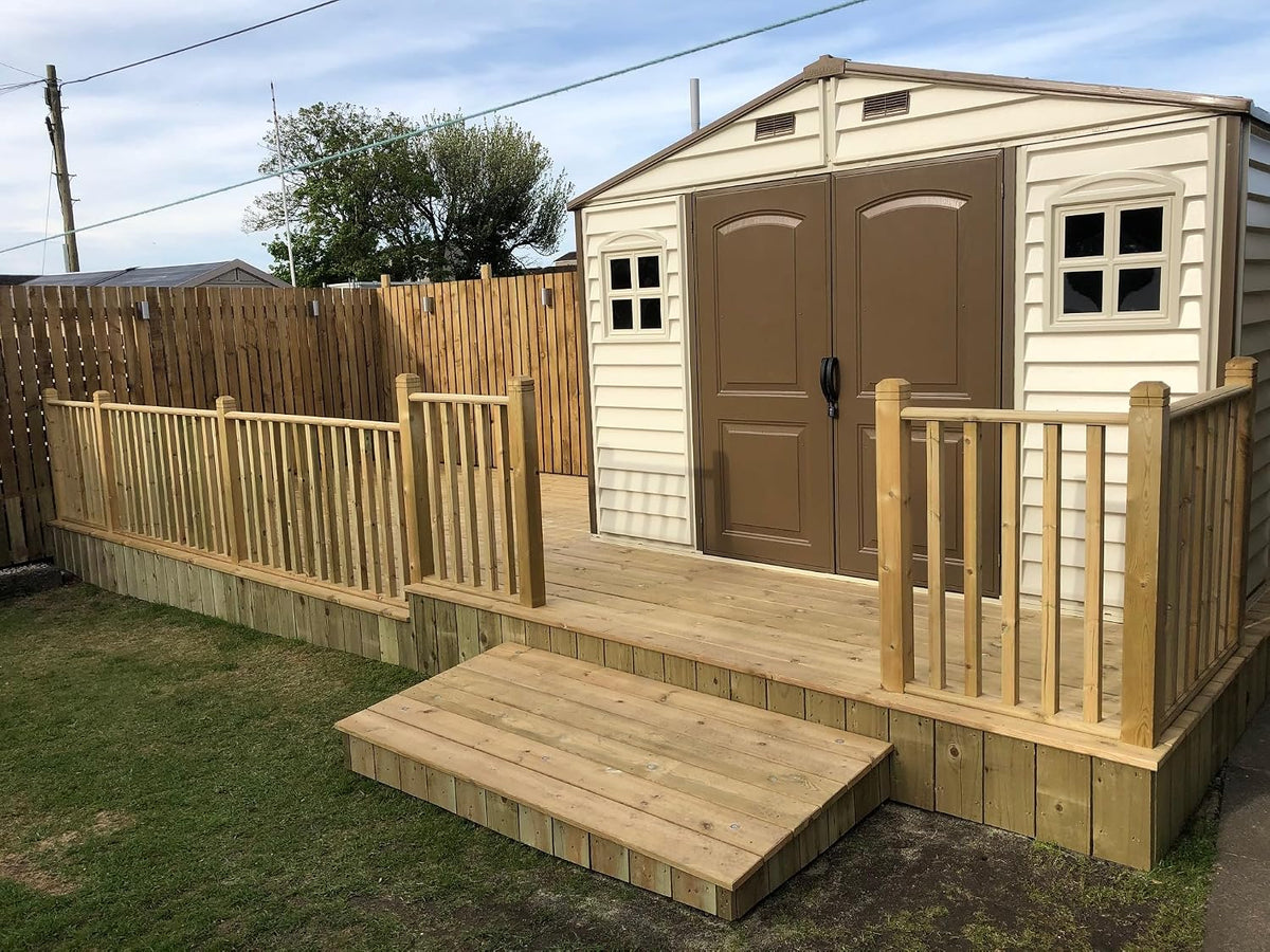 Duramax WoodSide 10 x 8 ft (8,02 m²) – plastikowy domek ogrodowy z 3 stałymi oknami i metalowym zestawem fundamentowym, mocna metalowa konstrukcja dachu, trudnopalny i łatwy w utrzymaniu – kość słoniowa/brązowy
