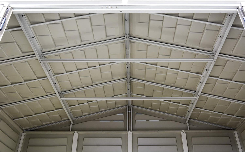 Duramax WoodSide 10 x 8 ft (8,02 m²) – plastikowy domek ogrodowy z 3 stałymi oknami i metalowym zestawem fundamentowym, mocna metalowa konstrukcja dachu, trudnopalny i łatwy w utrzymaniu – kość słoniowa/brązowy