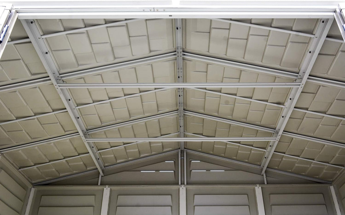 Duramax WoodSide 10 x 8 ft (8,02 m²) – plastikowy domek ogrodowy z 3 stałymi oknami i metalowym zestawem fundamentowym, mocna metalowa konstrukcja dachu, trudnopalny i łatwy w utrzymaniu – kość słoniowa/brązowy