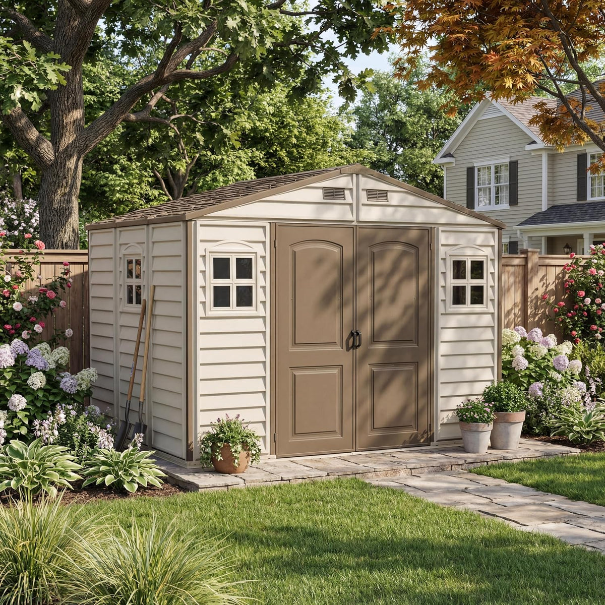 Duramax WoodSide 10 x 8 ft (8,02 m²) – plastikowy domek ogrodowy z 3 stałymi oknami i metalowym zestawem fundamentowym, mocna metalowa konstrukcja dachu, trudnopalny i łatwy w utrzymaniu – kość słoniowa/brązowy