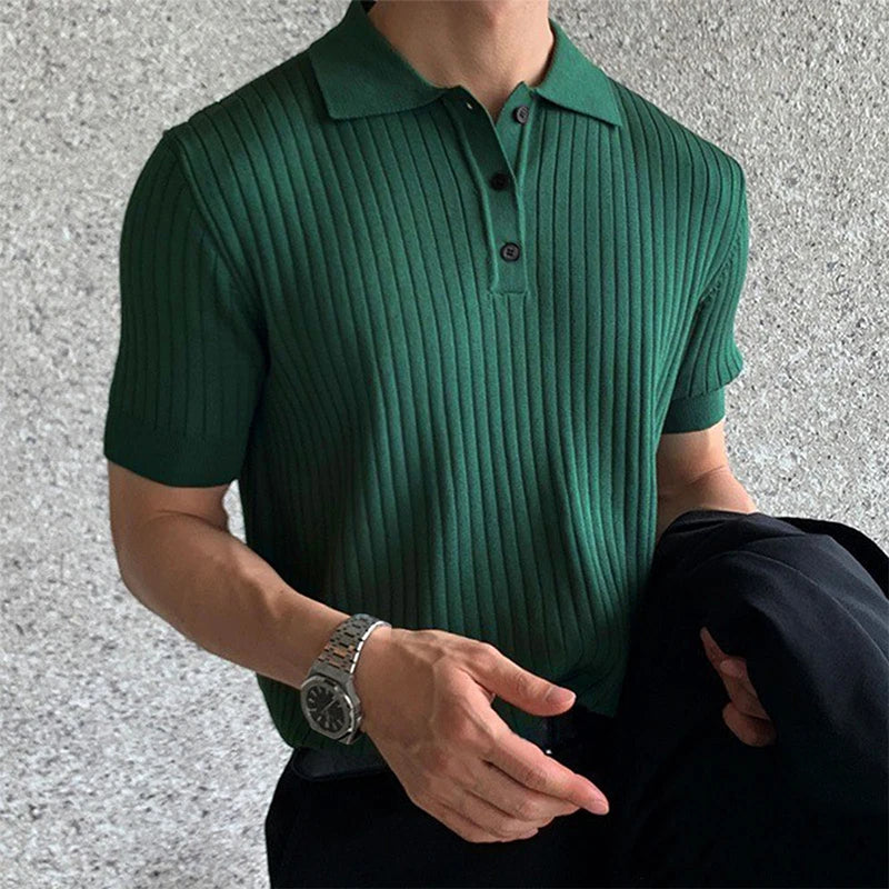 Męska dzianinowa koszulka polo w paski – krótki rękaw, retro, letnia, casualowa polo