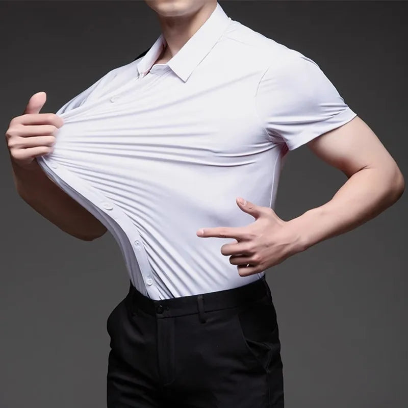 Męska Koszula Wizytowa z Krótkim Rękawem i Domieszką Stretchu – Oddychająca Koszula Business Casual Zapinana na Guziki