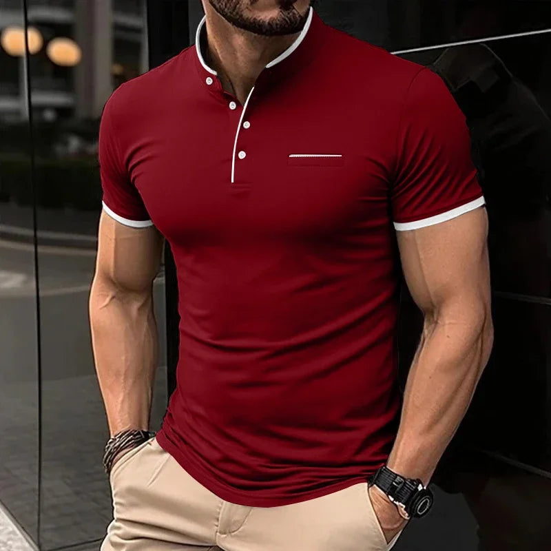 Męski T-shirt z krótkim rękawem ze stójką – Casualowa letnia koszulka w jednolitym kolorze
