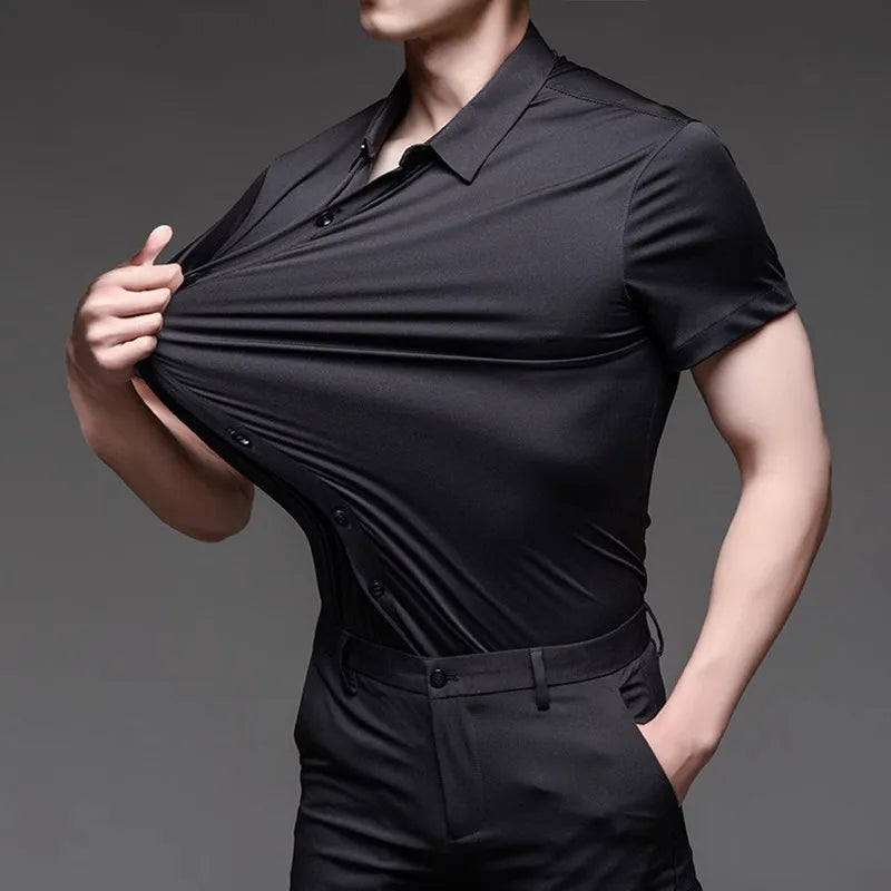 Męska Koszula Wizytowa z Krótkim Rękawem i Domieszką Stretchu – Oddychająca Koszula Business Casual Zapinana na Guziki