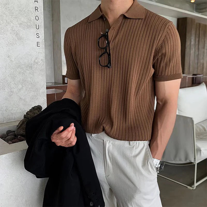 Męska dzianinowa koszulka polo w paski – krótki rękaw, retro, letnia, casualowa polo