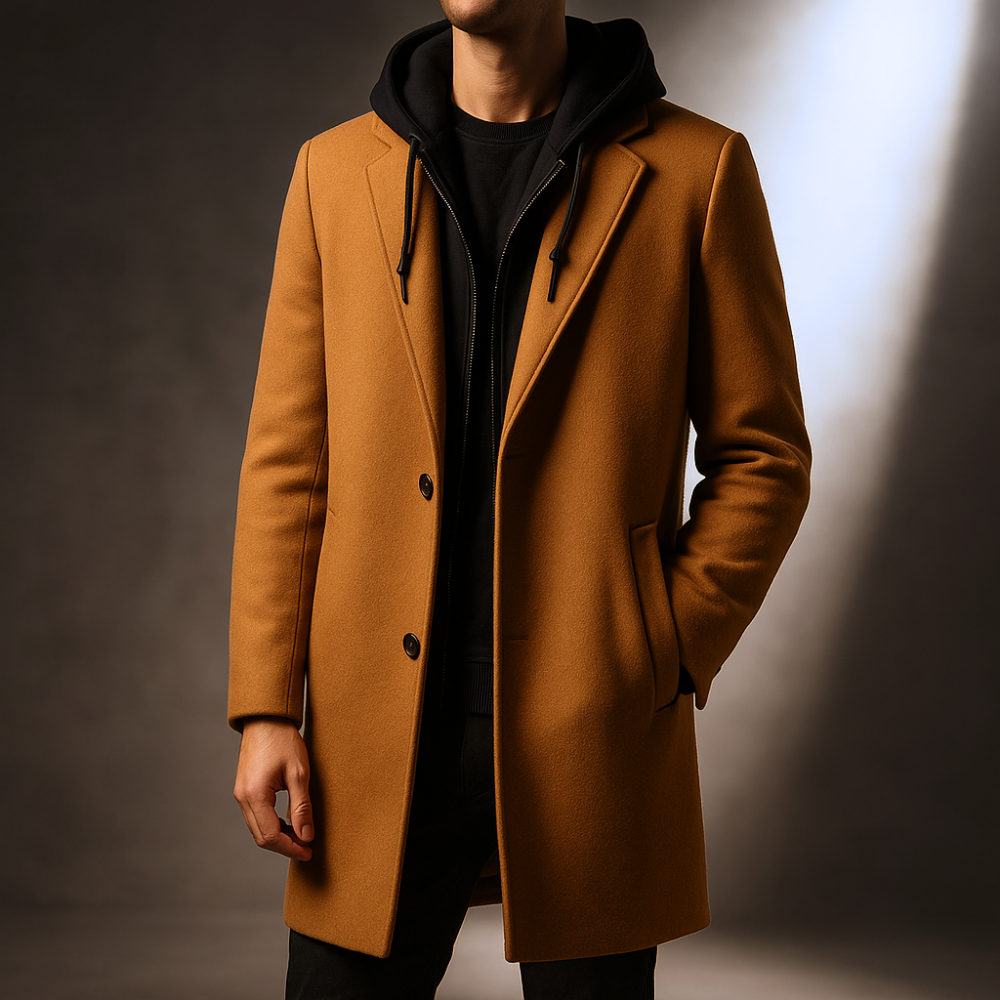 MĘSKI PŁASZCZ WEŁNIANY Z KAPTUREM